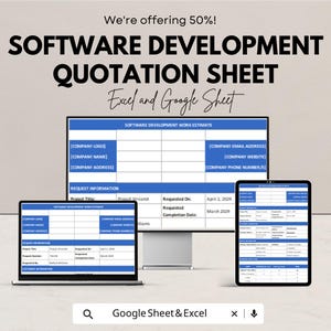 Puede incluir: Una hoja de cotización de desarrollo de software mostrada digitalmente, con el texto "SOFTWARE DEVELOPMENT QUOTATION SHEET" y "Excel and Google Sheet". La imagen muestra la hoja en una computadora portátil, un monitor de escritorio y una tableta. El texto "We're offering 50%!" está en la parte superior.