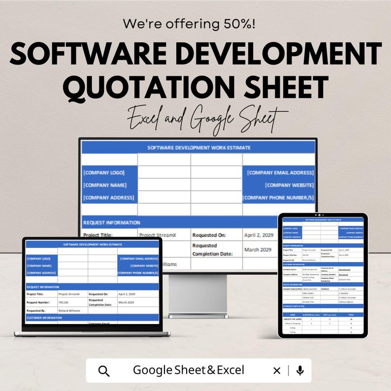 May include: A digital display of a software development quotation sheet, with the text "SOFTWARE DEVELOPMENT QUOTATION SHEET" and "Excel and Google Sheet". The image shows the sheet on a laptop, desktop monitor, and tablet. The text "We're offering 50%!" is at the top.