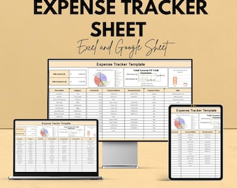 May include: An image showcasing an expense tracker sheet, available for Excel and Google Sheets. The image displays the tracker on a laptop, desktop monitor, and tablet. The text reads "EXPENSE TRACKER SHEET" and "Google Sheet & Excel."
