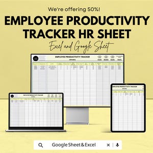 Op de afbeelding: Een afbeelding met een Employee Productivity Tracker HR-sheet, weergegeven op een laptop, desktopmonitor en tablet. De tekst luidt "Employee Productivity Tracker HR Sheet" en "Excel and Google Sheet". De achtergrond is geel.