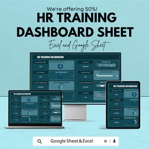 May include: An advertisement for an HR training dashboard sheet, displayed on a laptop, desktop monitor, and tablet. The text reads "HR TRAINING DASHBOARD SHEET Excel and Google Sheet". The background is a light teal color.