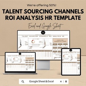 May include: An HR template for talent sourcing channels ROI analysis, shown on a laptop, desktop monitor, and tablet. The template features charts and data tables, with the text "Excel and Google Sheet". The image also includes the text "We're offering 50%!"