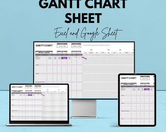 Może przedstawiać: Obraz promocyjny arkusza wykresu Gantta, wyświetlany na laptopie, monitorze stacjonarnym i tablecie. Tekst brzmi "We're offering 50%! Gantt Chart Sheet Excel and Google Sheet". Pasek wyszukiwania na dole mówi "Google Sheet & Excel".