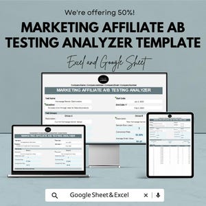 Peut inclure: Un modèle de marketing numérique affiché sur un ordinateur portable, un moniteur et une tablette. Le texte indique "MARKETING AFFILIATE A/B TESTING ANALYZER TEMPLATE" avec "Excel and Google Sheet" en dessous. L'image comprend également le texte "We're offering 50%!"