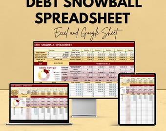 Könnte beinhalten: Werbung für eine Debt Snowball-Tabelle, die auf einem Laptop, einem Desktop-Monitor und einem Tablet angezeigt wird. Der Text lautet "DEBT SNOWBALL SPREADSHEET" und "Excel and Google Sheet". Das Bild enthält auch den Text "We're offering 50%!"