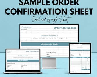 Exemple de feuille de confirmation de commande | Modèle de feuille de calcul Excel et Google | Suivi de commande personnalisable | Confirmation de facture | Téléchargement instantané