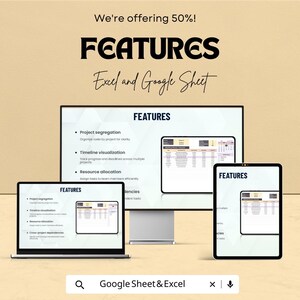 K&ouml;nnte beinhalten: Werbebild f&uuml;r Projektmanagement-Funktionen in Excel und Google Sheets. Das Bild zeigt einen Computermonitor, einen Laptop und ein Tablet, die jeweils eine Tabellenkalkulationsoberfl&auml;che anzeigen. Text hebt Projektsegregation, Zeitachsenvisualisierung und Ressourcenallokation hervor.