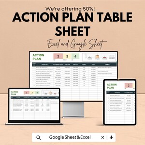 May include: An advertisement for an action plan table sheet, displayed on a laptop, desktop monitor, and tablet. The text reads "ACTION PLAN TABLE SHEET Excel and Google Sheet". The background is a light brown color.