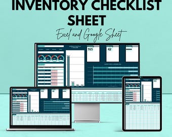 May include: An inventory checklist sheet displayed on a laptop, desktop monitor, and tablet. The text reads "INVENTORY CHECKLIST SHEET Excel and Google Sheet". The screens show data with the numbers 165 and 42.