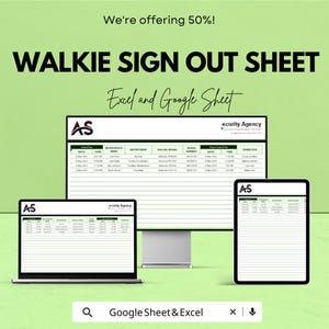 May include: A promotional image on a green background with the text "WALKIE SIGN OUT SHEET" and "Excel and Google Sheet". The image shows a laptop, a desktop monitor, and a tablet displaying a form. The text "We're offering 50%!" is at the top.
