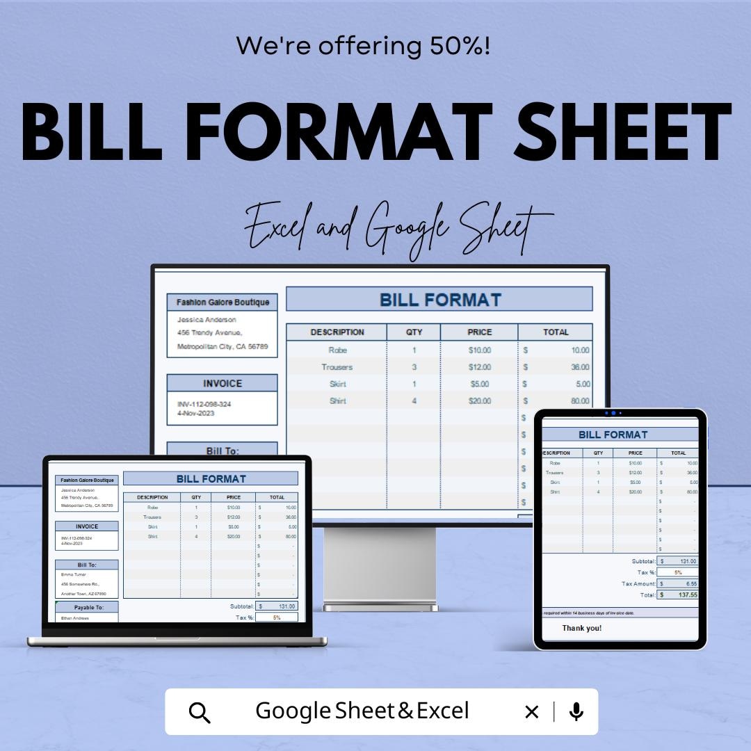 Bill Format Template - Excel & Google Sheets, Professional Invoice ...