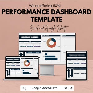 以下が含まれることがあります： ExcelおよびGoogleスプレッドシート用のパフォーマンスダッシュボードテンプレートが、コンピュータモニター、ノートパソコン、タブレットに表示されています。画面には、データテーブル、円グラフ、棒グラフが表示されており、Performance Dashboard、Tasks Status、Budgetなどのテキストラベルが含まれています。