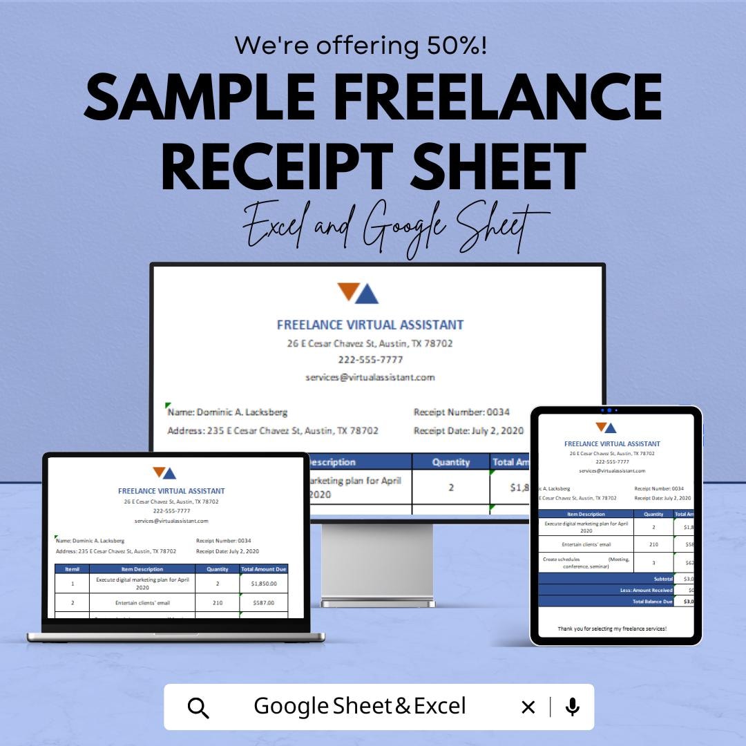 Sample Freelance Receipt Sheet - Excel & Google Sheets Template ...