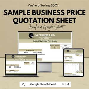 May include: A digital marketing price quote sheet displayed on a computer monitor, laptop, and tablet. The text reads "SAMPLE BUSINESS PRICE QUOTATION SHEET" and "Excel and Google Sheet". The quote is from Cavernworld Inc.