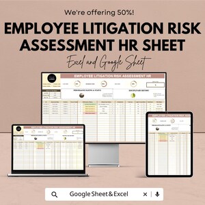 Puede incluir: Anuncio de una hoja de recursos humanos para la evaluación de riesgos de litigios laborales, que se muestra en un portátil, un monitor de escritorio y una tableta. El texto incluye "Employee Litigation Risk Assessment HR Sheet" y "Excel and Google Sheet".