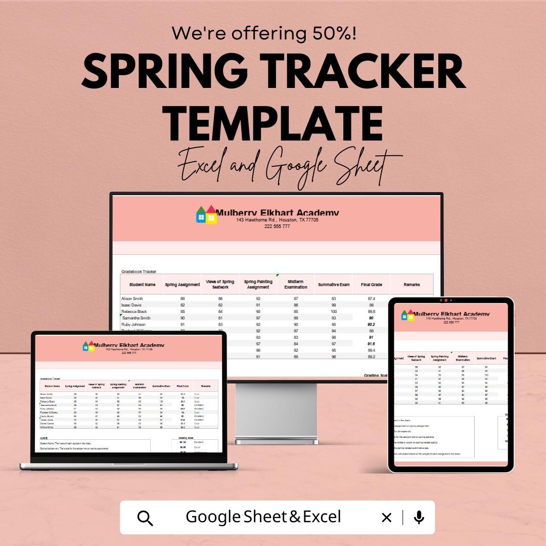 Spring Tracker Template | Gradebook Spreadsheet | Google Sheets & Excel ...