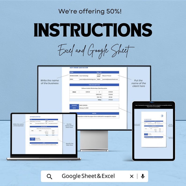 May include: A digital marketing graphic with the text "INSTRUCTIONS Excel and Google Sheet" on a light blue background. The image shows a laptop, a desktop monitor, and a tablet displaying a software quotation form. The text "We're offering 50%!" is at the top.