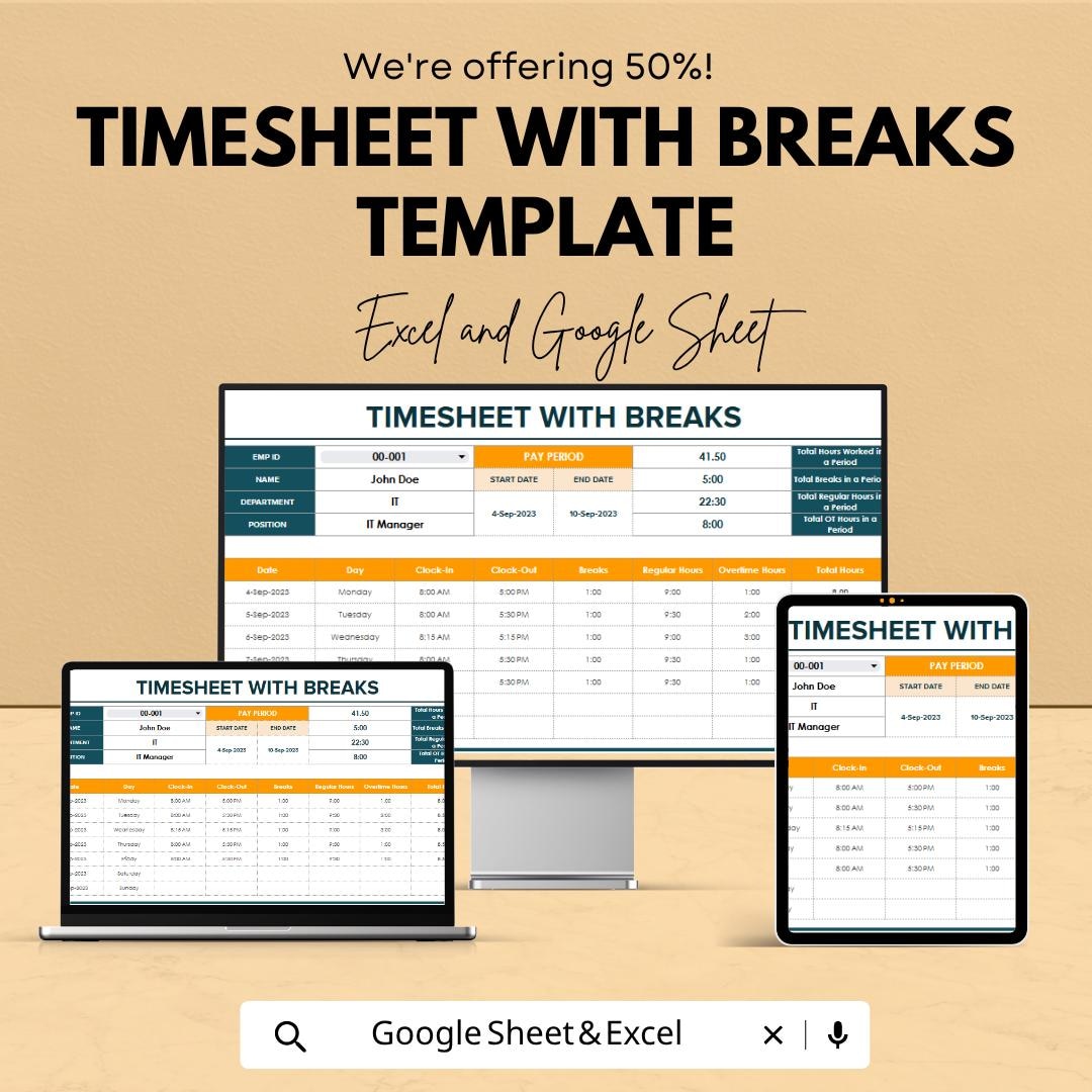 Timesheet With Breaks Template | Employee Timesheet Spreadsheet | Work ...