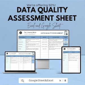 Op de afbeelding: Een gegevenskwaliteitsbeoordelingsblad weergegeven op een laptop, desktopmonitor en tablet. De tekst luidt "Data Quality Assessment Sheet" en "Excel and Google Sheet". De achtergrond is lichtblauw met de tekst "We're offering 50%!"
