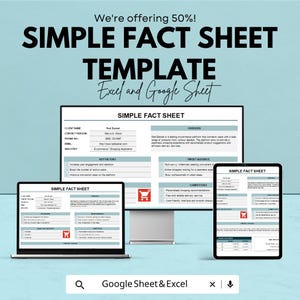 Könnte beinhalten: Werbung für eine einfache Fact Sheet-Vorlage, kompatibel mit Excel und Google Sheets. Das Bild zeigt die Vorlage auf einem Laptop, einem Desktop-Monitor und einem Tablet. Der Text enthält "We're offering 50%!" und "Google Sheet & Excel."