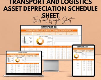 May include: A digital display of a transport and logistics asset depreciation schedule on a laptop, desktop monitor, and tablet. The text includes "Transport and Logistics Asset Depreciation Schedule Sheet" and "Google Sheet & Excel". The background is a light orange colour.