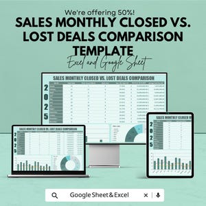 May include: A digital marketing template titled "SALES MONTHLY CLOSED VS. LOST DEALS COMPARISON" is displayed on a laptop, desktop monitor, and tablet. The template is for Excel and Google Sheets, with the year 2025 visible. The image includes charts and data tables.