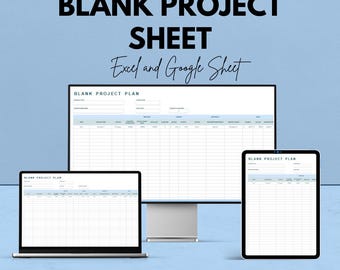 Planilha de planejamento de projeto em branco - Excel e Planilhas Google, modelo de gerenciamento de projeto personalizável, rastreador e planejador de tarefas,