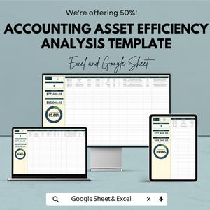 May include: A digital accounting asset efficiency analysis template displayed on a laptop, desktop monitor, and tablet. The text reads "ACCOUNTING ASSET EFFICIENCY ANALYSIS TEMPLATE" and "Excel and Google Sheet". The template shows financial data and a 85% efficiency rate.