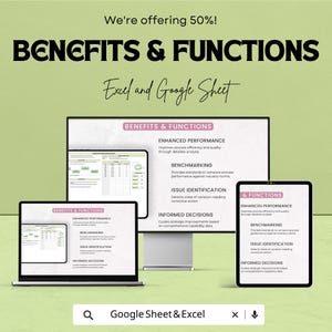 May include: A digital display showing Benefits & Functions for Excel and Google Sheet, featuring text on enhanced performance, benchmarking, issue identification, and informed decisions. The layout includes a monitor, laptop, and tablet on a light green background.