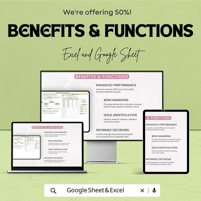 May include: A digital display showing Benefits & Functions for Excel and Google Sheet, featuring text on enhanced performance, benchmarking, issue identification, and informed decisions. The layout includes a monitor, laptop, and tablet on a light green background.
