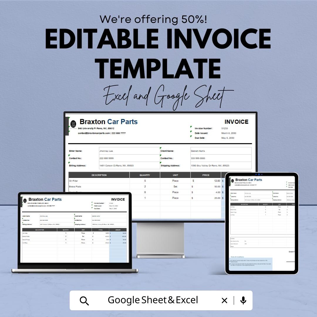 Editable Invoice Template | Excel and Google Sheets | Printable Invoice ...