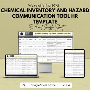 Può includere: Una pubblicità per un "CHEMICAL INVENTORY AND HAZARD COMMUNICATION TOOL HR TEMPLATE" visualizzata su un laptop, un monitor desktop e un tablet. Il testo "We're offering 50%!" è in alto. Il modello è per Excel e Google Sheet.