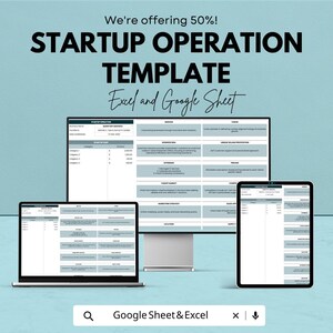 Könnte beinhalten: Digitales Marketing-Bild, das eine Startup-Betriebsvorlage bewirbt. Das Bild zeigt einen Laptop, einen Desktop-Monitor und ein Tablet, auf denen eine Tabelle angezeigt wird. Der Text lautet "STARTUP OPERATION TEMPLATE Excel and Google Sheet".