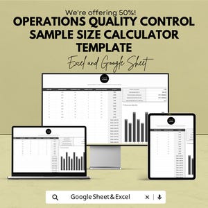 Puede incluir: Plantilla de calculadora de tamaño de muestra para control de calidad de operaciones para Excel y Google Sheets mostrada en un monitor de computadora, portátil y tableta. Las pantallas muestran tablas de datos, cálculos Z-score y gráficos.