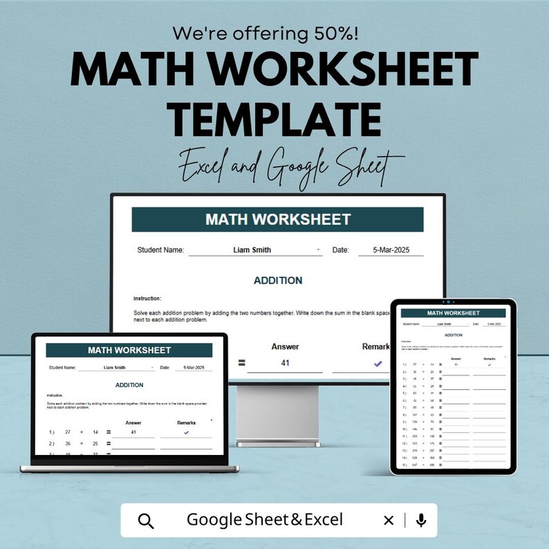 Excel Examples For Practice Math Problems Math Worksheet Template | Addition Worksheet Sheet | Printable Math ...