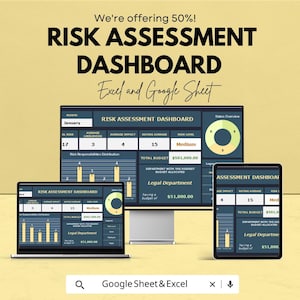 May include: A digital marketing image showcasing a risk assessment dashboard. The image displays the dashboard on a laptop, desktop monitor, and tablet. The text includes "Risk Assessment Dashboard" and "Excel and Google Sheet".