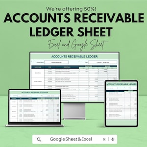 Könnte beinhalten: Werbung für ein Forderungs-Ledger-Sheet, angezeigt auf einem Computermonitor, Laptop und Tablet. Der Text lautet "Accounts Receivable Ledger Sheet" und "Excel and Google Sheet". Der Hintergrund ist hellgrün.