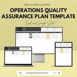 May include: An advertisement for an Operations Quality Assurance Plan Template. The image shows a laptop, desktop monitor, and tablet displaying a spreadsheet. The text reads "We're offering 50%! OPERATIONS QUALITY ASSURANCE PLAN TEMPLATE Excel and Google Sheet."