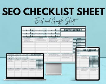 May include: An SEO Checklist Sheet displayed on a computer monitor, laptop, and tablet. The text "SEO CHECKLIST SHEET" and "Excel and Google Sheet" are prominently featured. The image also includes the text "We're offering 50%!" and "Google Sheet & Excel".