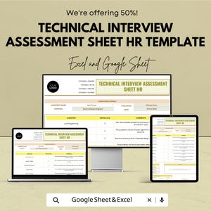 Puede incluir: Una plantilla digital de RRHH para la evaluación de entrevistas técnicas, mostrada en un portátil, un monitor y una tableta. La plantilla incluye secciones para los detalles del candidato, preguntas, calificaciones y comentarios. El texto dice "TECHNICAL INTERVIEW ASSESSMENT SHEET HR TEMPLATE".