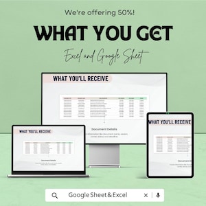 Op de afbeelding: Een advertentie voor Excel- en Google Sheet-producten. De afbeelding toont een laptop, een desktopmonitor en een tablet met een spreadsheet. De tekst luidt "WHAT YOU GET" en "WHAT YOU'LL RECEIVE". De advertentie vermeldt ook "We're offering 50%!"