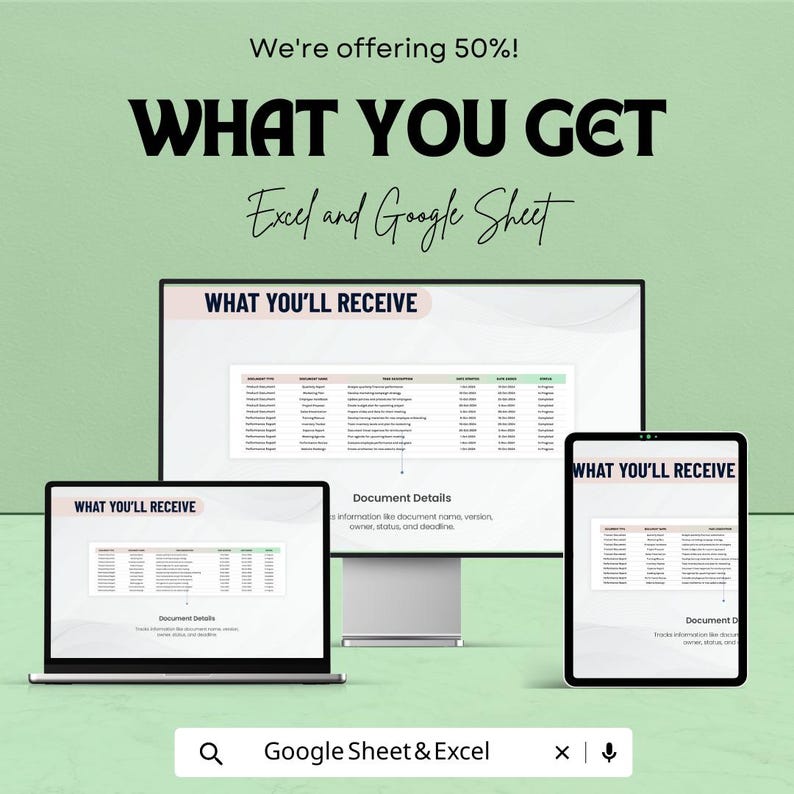 Op de afbeelding: Een advertentie voor Excel- en Google Sheet-producten. De afbeelding toont een laptop, een desktopmonitor en een tablet met een spreadsheet. De tekst luidt "WHAT YOU GET" en "WHAT YOU'LL RECEIVE". De advertentie vermeldt ook "We're offering 50%!"