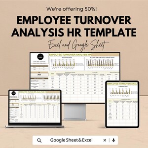 May include: An employee turnover analysis HR template displayed on a computer monitor, laptop, and tablet. The text reads "EMPLOYEE TURNOVER ANALYSIS HR TEMPLATE" and "Excel and Google Sheet". The image also includes the text "We're offering 50%!"