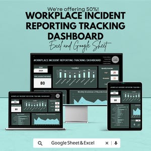 Puede incluir: Un gráfico turquesa que promociona un panel de control de seguimiento de informes de incidentes en el lugar de trabajo. El texto dice "We're offering 50%!" y "Excel and Google Sheet." El panel se muestra en un monitor, portátil y tableta.