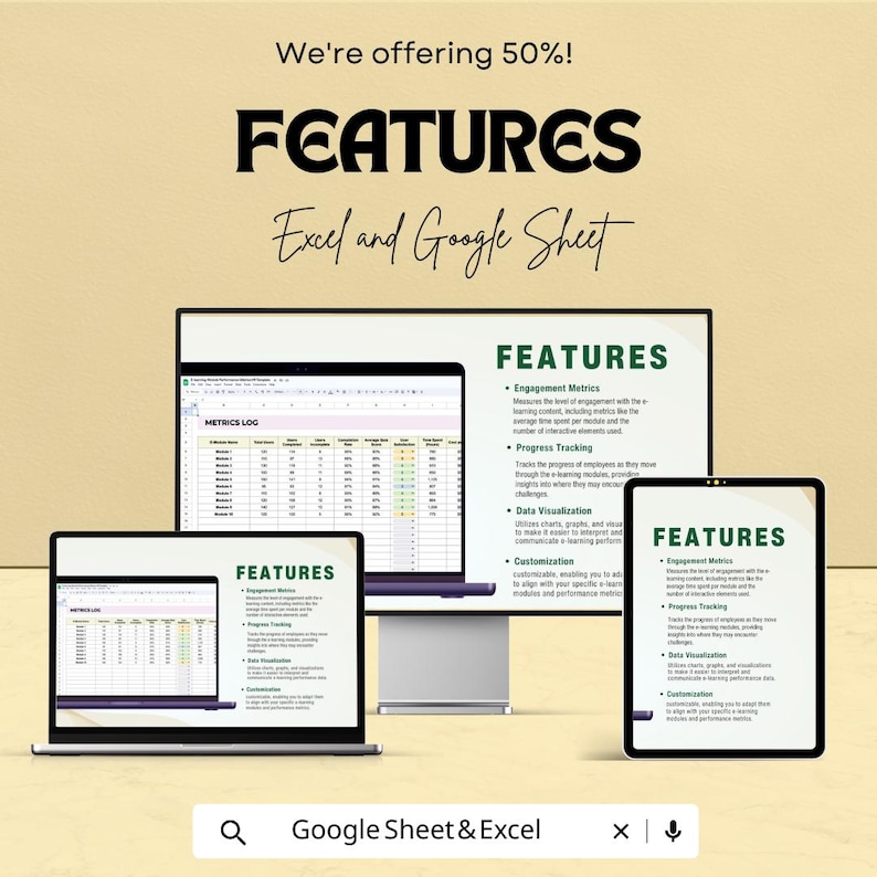 Może przedstawiać: Reklama funkcji Excel i Google Sheet, wyświetlana na laptopie, monitorze komputera stacjonarnego i tablecie. Tekst zawiera "FEATURES" oraz "Engagement Metrics", "Progress Tracking", "Data Visualization" i "Customization". Reklama oferuje 50% zniżki.