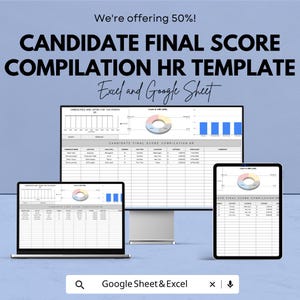 May include: A digital HR template displayed on a laptop, desktop monitor, and tablet. The template is titled "CANDIDATE FINAL SCORE COMPILATION HR TEMPLATE" and is compatible with Excel and Google Sheets. The image includes the text "We're offering 50%!"