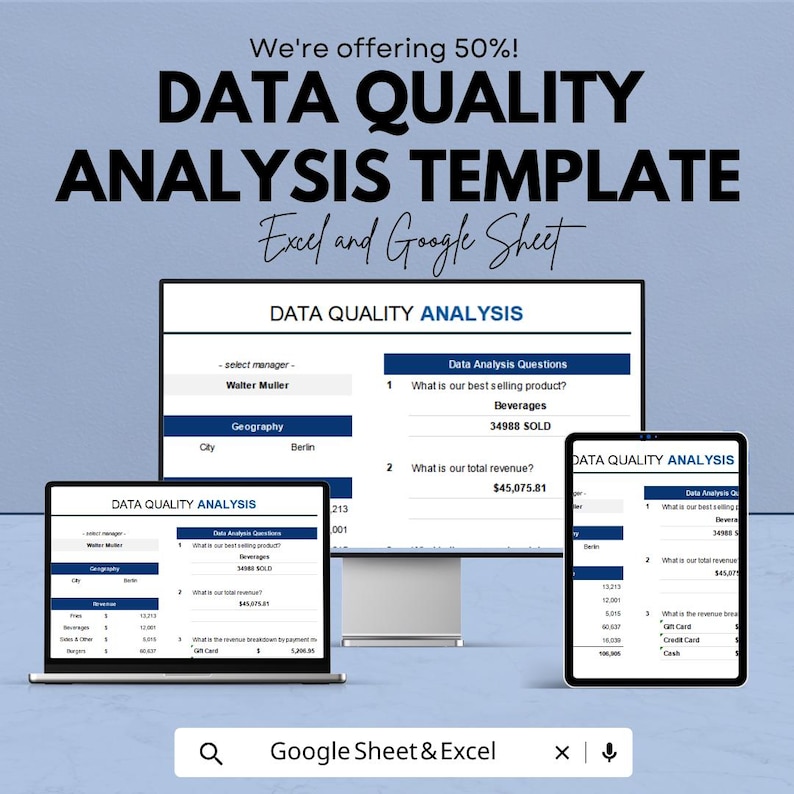 Mall för datakvalitetsanalys | Kalkylblad för dataanalys | Instrumentpanel för datakvalitet | Excel och Google Sheets bild 1