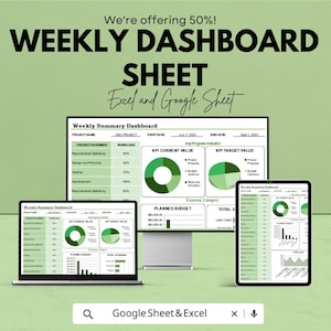 May include: A promotional image for a weekly dashboard sheet, compatible with Excel and Google Sheets. The image features a laptop, desktop monitor, and tablet displaying the dashboard. The text includes "Weekly Dashboard Sheet" and "We're offering 50%!"
