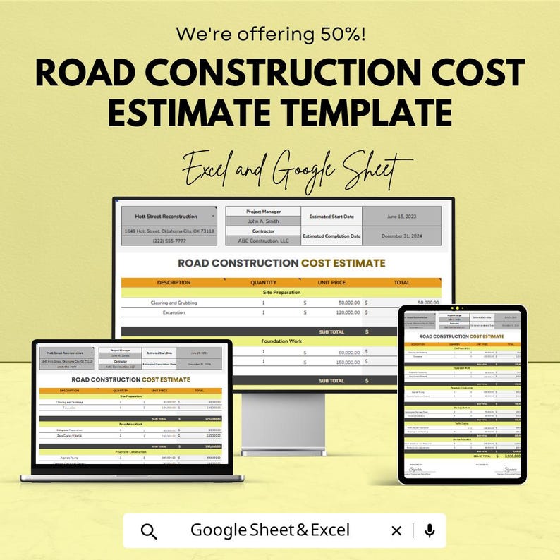Road Construction Cost Estimate Template Excel Google Sheets ...