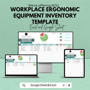 May include: An advertisement for a workplace ergonomic equipment inventory template. The image shows a laptop, desktop monitor, and tablet displaying the template. The text reads "We're offering 50%! WORKPLACE ERGONOMIC EQUIPMENT INVENTORY TEMPLATE Excel and Google Sheet."